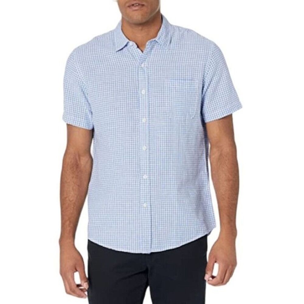 New Mens shirt Blue Plaid linen Small short sleeve Casual Shirt